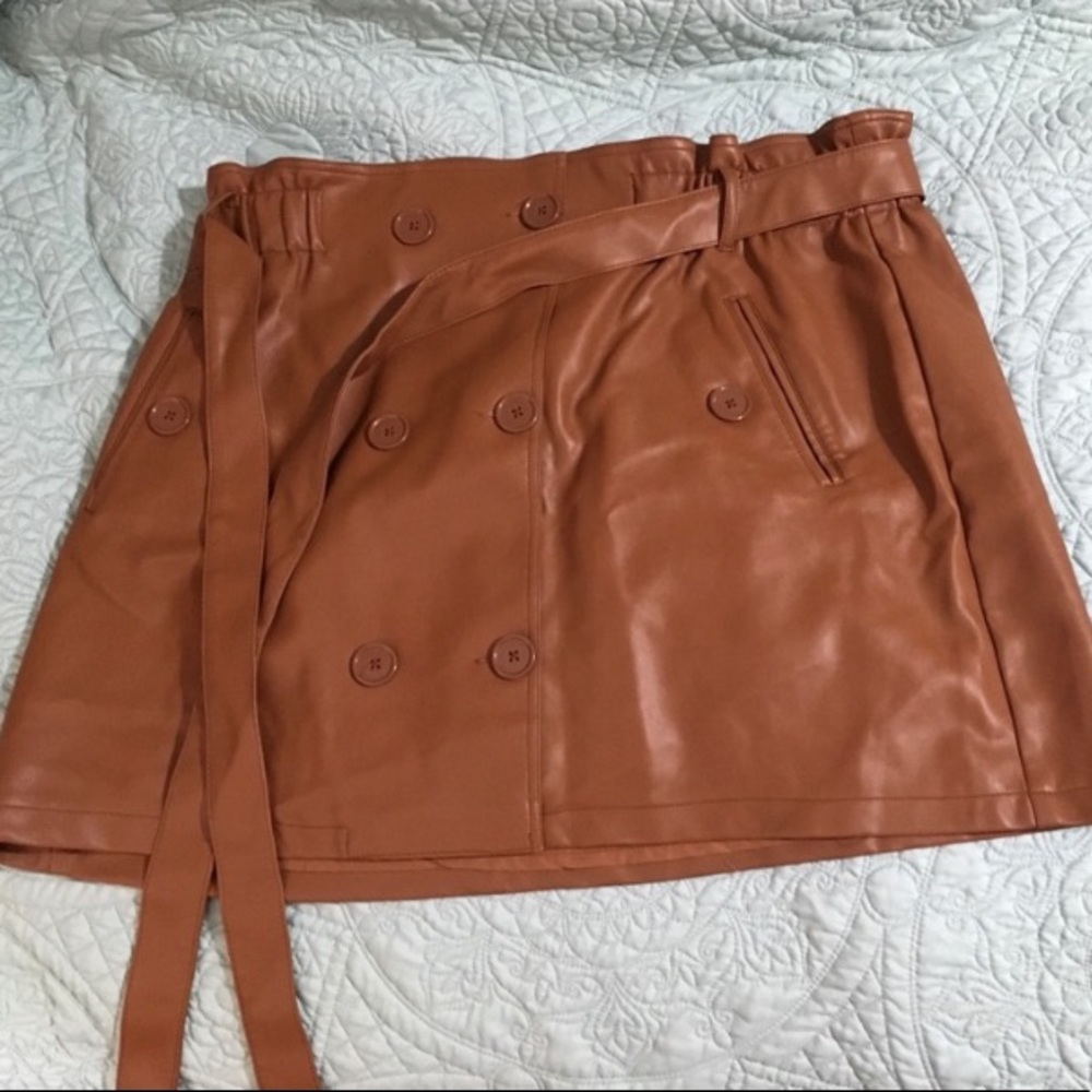 Cognac Brown Double Breasted Belted Faux Leather Skirt